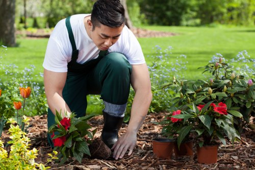 Trainer demonstrating safe equipment use to gardening staff